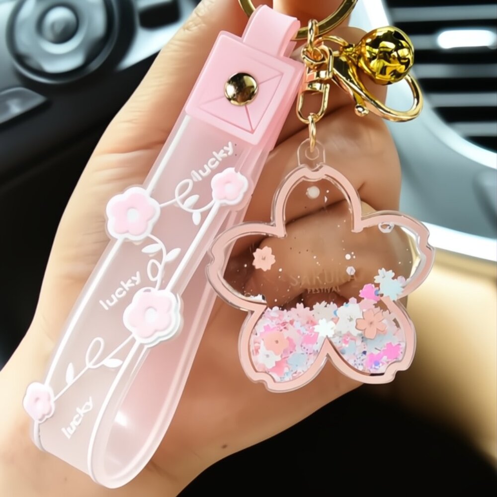 Sakura Glitters Keychain with Golden Bells | Kawaii Office Accessories Car Keys